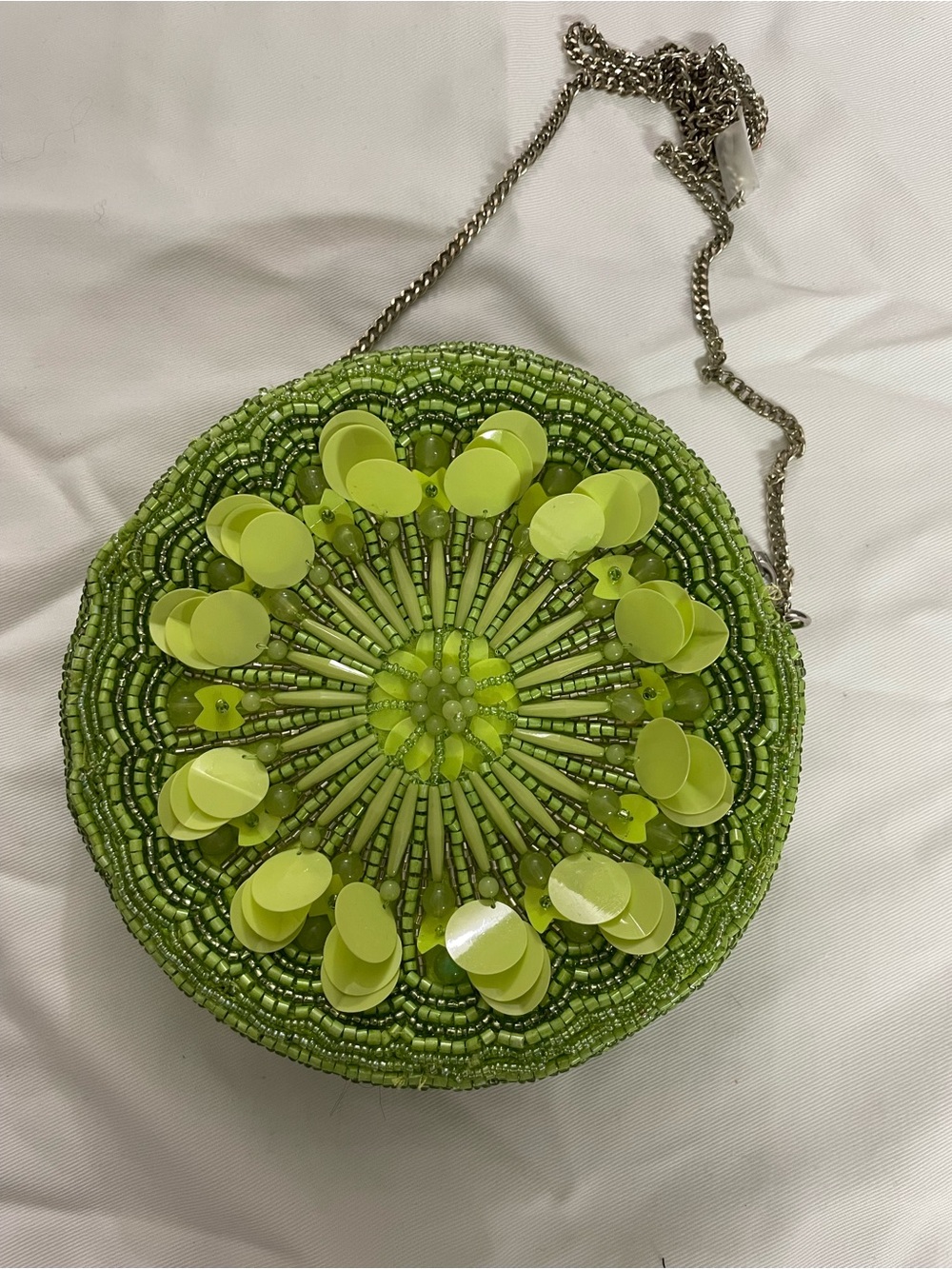 Lime Green Beaded Round Mini Crossbody Bag with Chain Strap